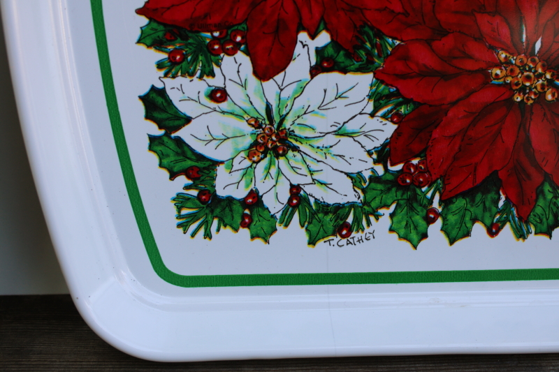 photo of vintage plastic trays for Christmas cookies, poinsettia print holiday party tableware #2