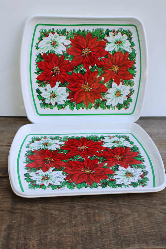 photo of vintage plastic trays for Christmas cookies, poinsettia print holiday party tableware #3
