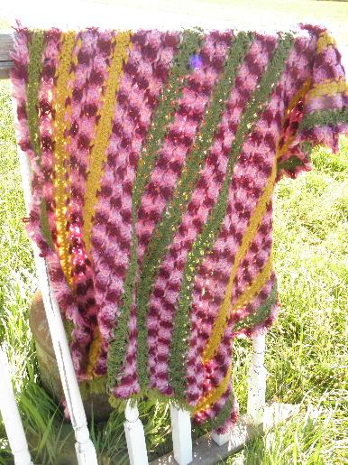 photo of vintage plum purple / green / gold afghan, fuzzy felted wool crochet #1