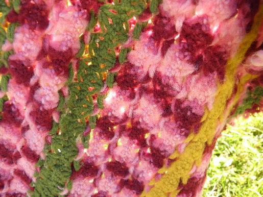 photo of vintage plum purple / green / gold afghan, fuzzy felted wool crochet #2