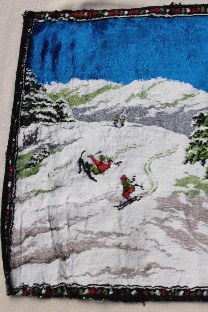 photo of vintage plush tapestry wall hanging rug, cabin rustic winter scene cross-country skiers #3