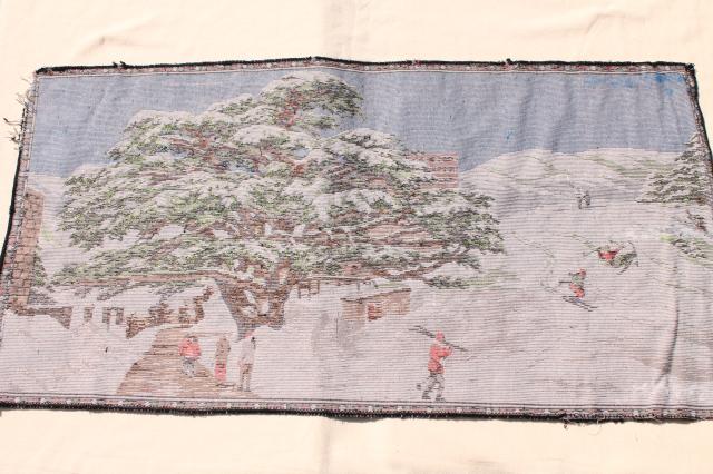 photo of vintage plush tapestry wall hanging rug, cabin rustic winter scene cross-country skiers #5