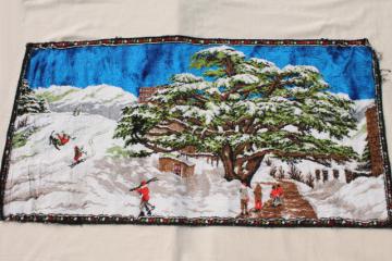 catalog photo of vintage plush tapestry wall hanging rug, cabin rustic winter scene cross-country skiers