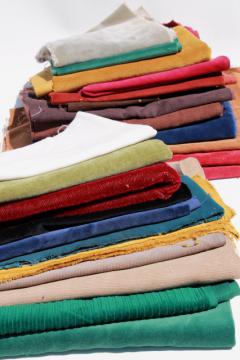 catalog photo of vintage plush velvet fabric scraps, corduroy & heavy cotton velveteen in jewel colors
