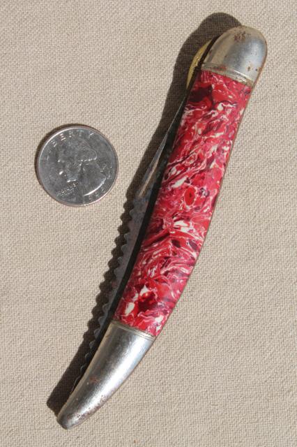 photo of vintage pocket knife, fisherman's folding fish scaling blade w/ red & white bakelite handle #2