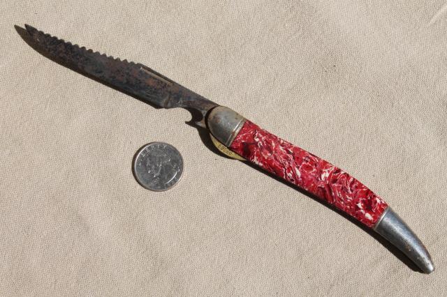 photo of vintage pocket knife, fisherman's folding fish scaling blade w/ red & white bakelite handle #5