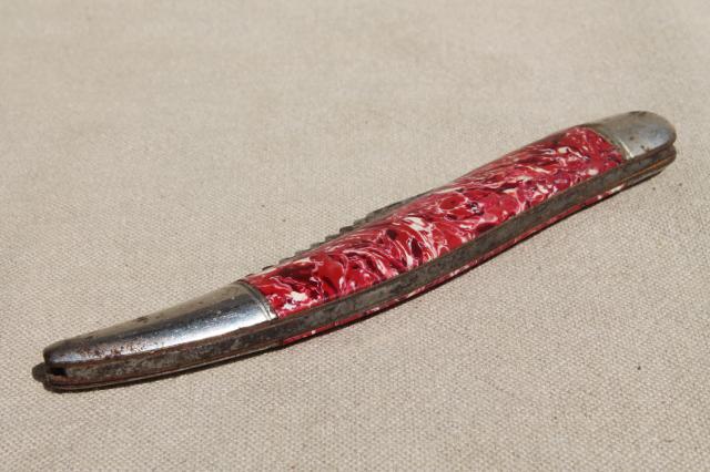 photo of vintage pocket knife, fisherman's folding fish scaling blade w/ red & white bakelite handle #6