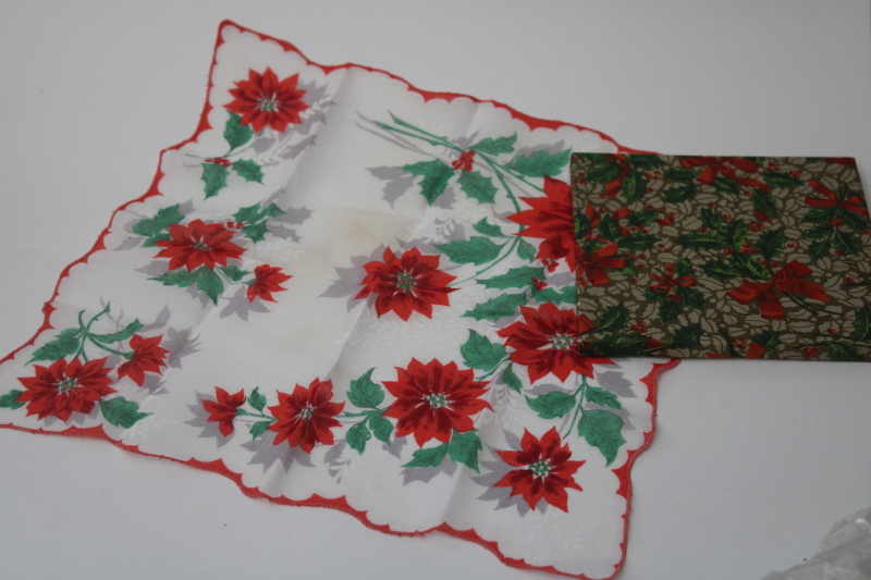 photo of vintage poinsettia print Christmas gift box w/ printed cotton holiday floral hanky #1