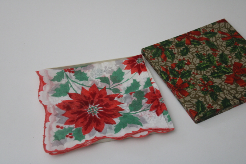 photo of vintage poinsettia print Christmas gift box w/ printed cotton holiday floral hanky #2