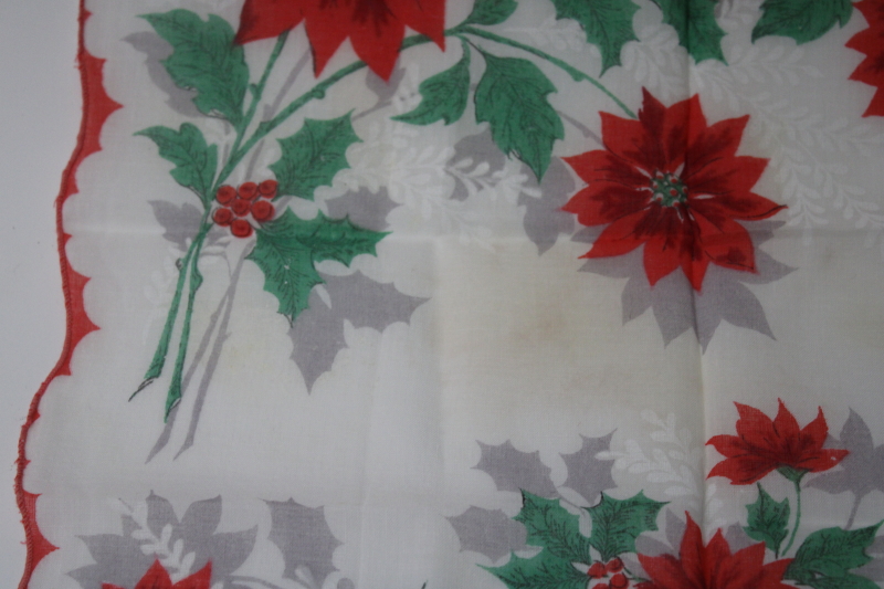 photo of vintage poinsettia print Christmas gift box w/ printed cotton holiday floral hanky #5