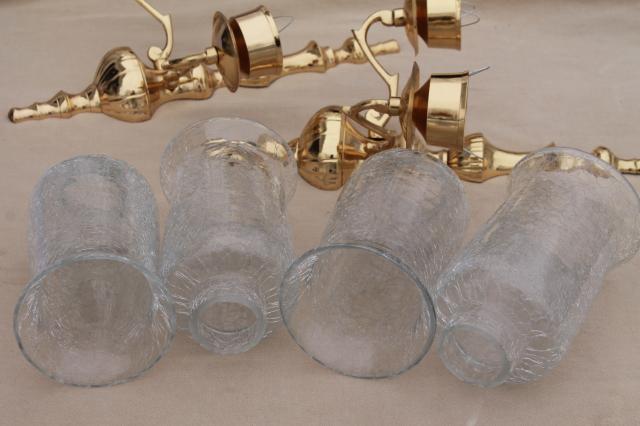 photo of vintage polished brass candle sconces, wall sconce set w/ crackle glass hurricane shades #2