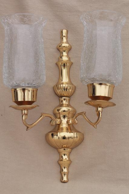 photo of vintage polished brass candle sconces, wall sconce set w/ crackle glass hurricane shades #3