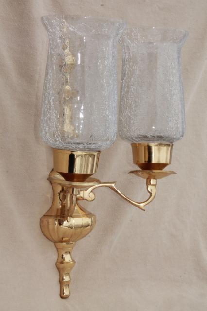 photo of vintage polished brass candle sconces, wall sconce set w/ crackle glass hurricane shades #4