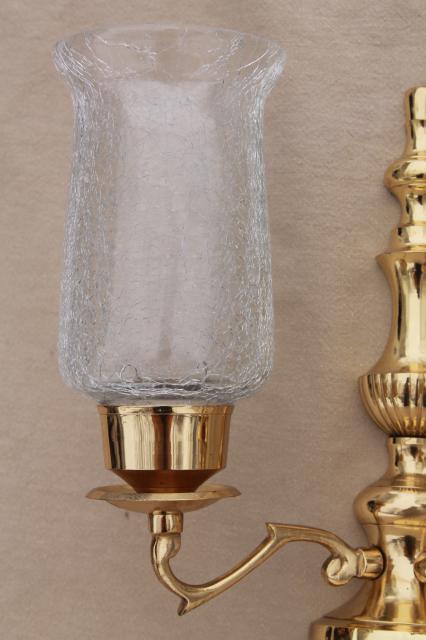 photo of vintage polished brass candle sconces, wall sconce set w/ crackle glass hurricane shades #5