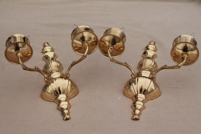 photo of vintage polished brass candle sconces, wall sconce set w/ crackle glass hurricane shades #7