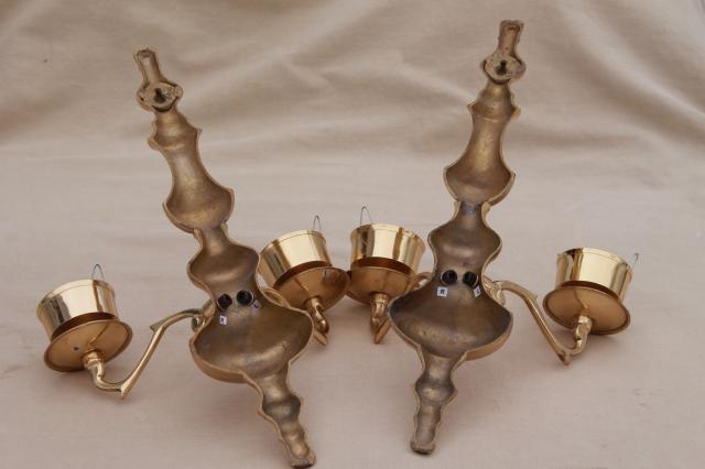 photo of vintage polished brass candle sconces, wall sconce set w/ crackle glass hurricane shades #9