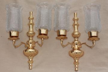 catalog photo of vintage polished brass candle sconces, wall sconce set w/ crackle glass hurricane shades