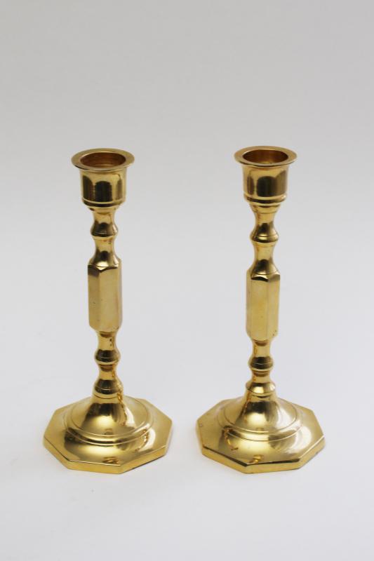 photo of vintage polished brass candlesticks, pair of small candle sticks gleaming gold solid brass #1