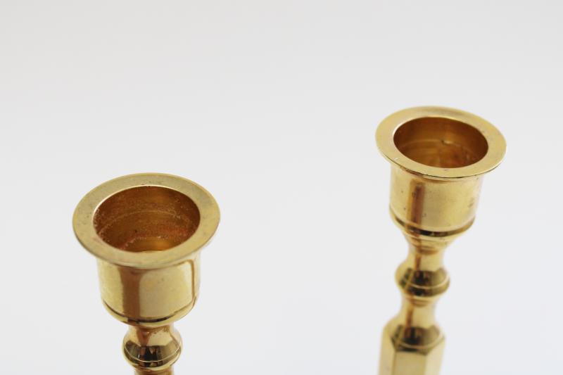 photo of vintage polished brass candlesticks, pair of small candle sticks gleaming gold solid brass #2