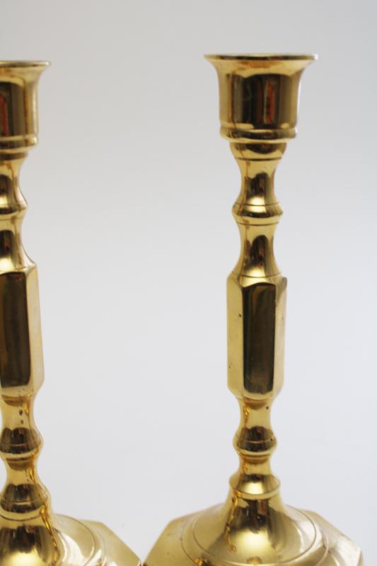 photo of vintage polished brass candlesticks, pair of small candle sticks gleaming gold solid brass #4