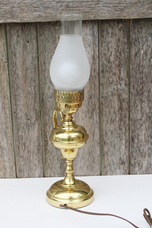 photo of vintage polished brass chamber lamp, electric light w/ glass hurricane shade #2