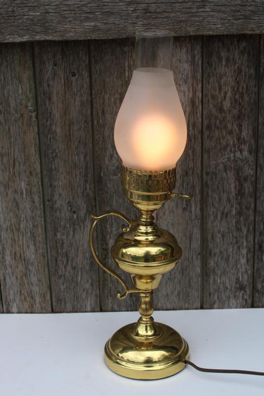 photo of vintage polished brass chamber lamp, electric light w/ glass hurricane shade #4