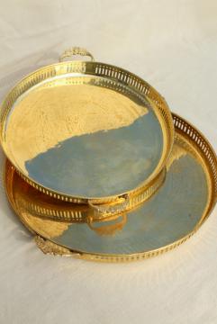 catalog photo of vintage polished brass serveware, large small round serving trays shiny gold brass