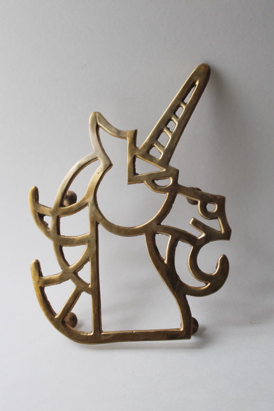 photo of vintage polished brass unicorn trivet, gothic renaissance heraldic style wall art  #1