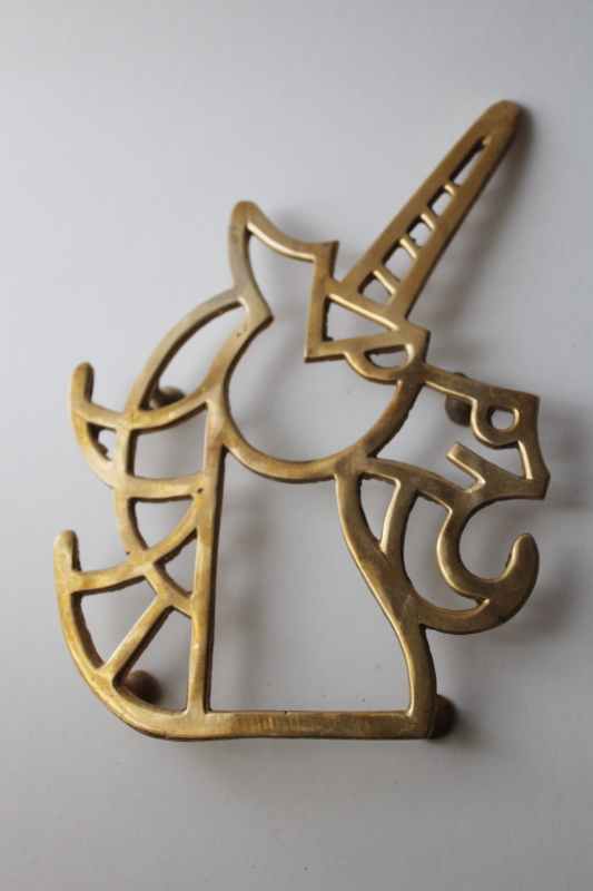 photo of vintage polished brass unicorn trivet, gothic renaissance heraldic style wall art #3