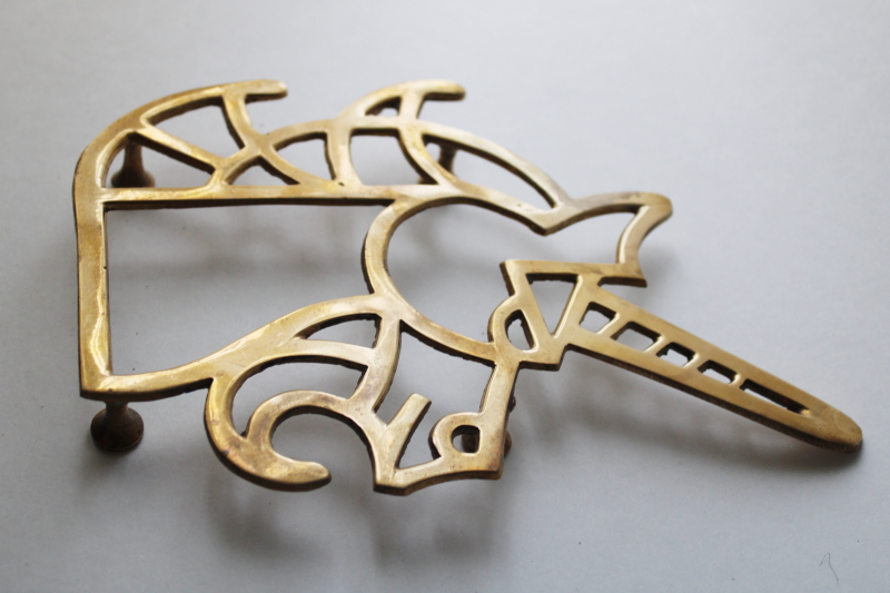 photo of vintage polished brass unicorn trivet, gothic renaissance heraldic style wall art #4