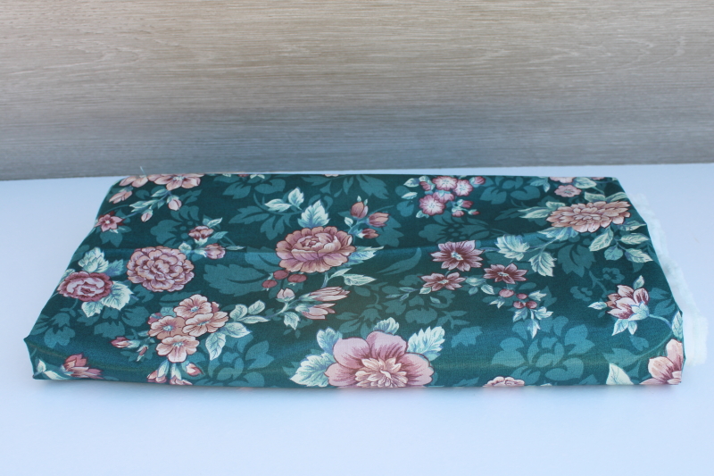 photo of vintage polished cotton chintz fabric Potomac floral print rose on dark green #1