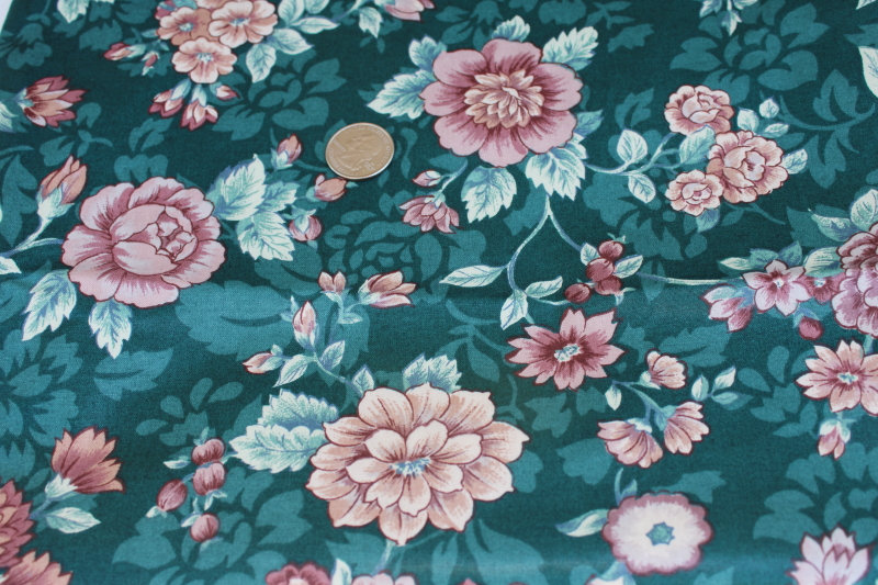 photo of vintage polished cotton chintz fabric Potomac floral print rose on dark green #2