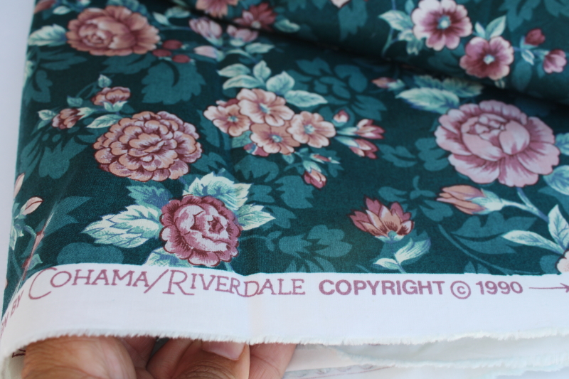 photo of vintage polished cotton chintz fabric Potomac floral print rose on dark green #3