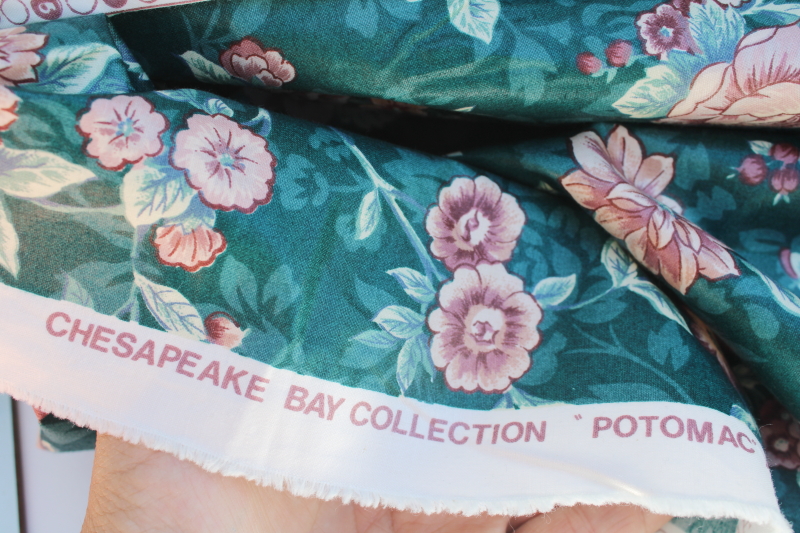 photo of vintage polished cotton chintz fabric Potomac floral print rose on dark green #4