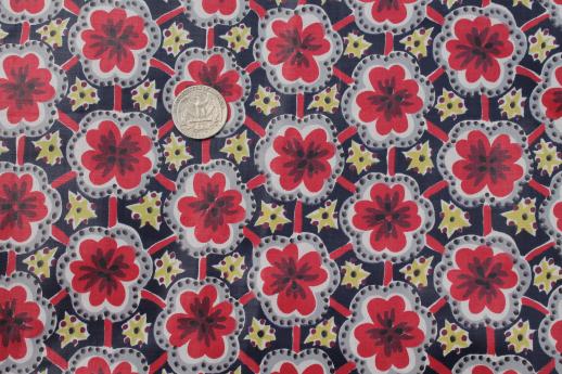 photo of vintage polished cotton chintz fabric, cheerful red flowers on navy blue #1