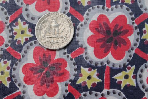 photo of vintage polished cotton chintz fabric, cheerful red flowers on navy blue #2