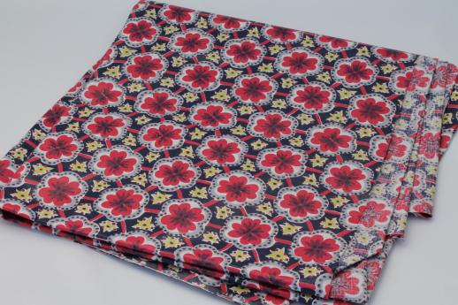 photo of vintage polished cotton chintz fabric, cheerful red flowers on navy blue #3