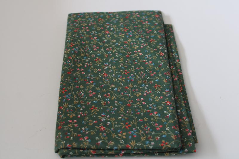 photo of vintage polished cotton chintz fabric, tiny flowered print on forest green, cottagecore floral #1