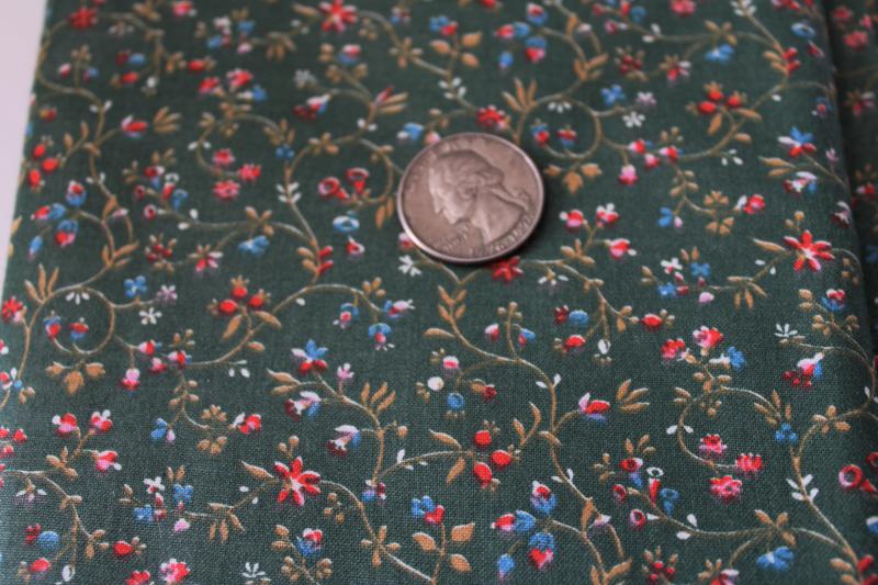 photo of vintage polished cotton chintz fabric, tiny flowered print on forest green, cottagecore floral #2