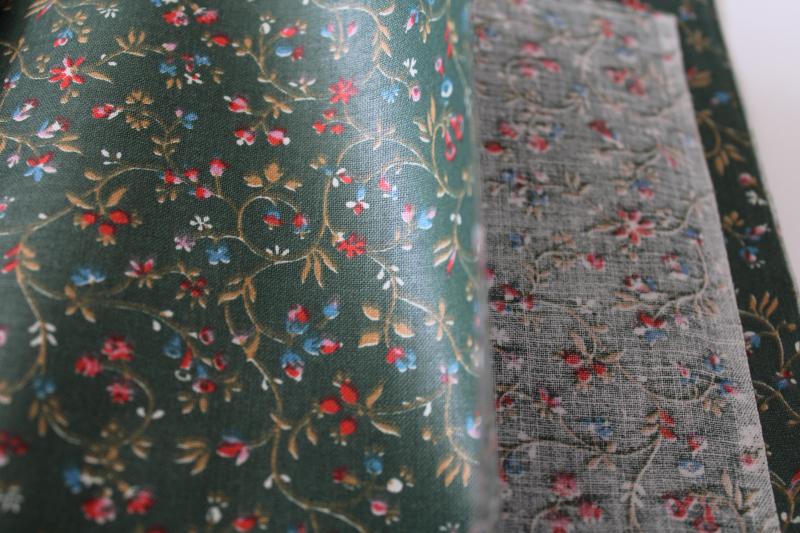 photo of vintage polished cotton chintz fabric, tiny flowered print on forest green, cottagecore floral #3