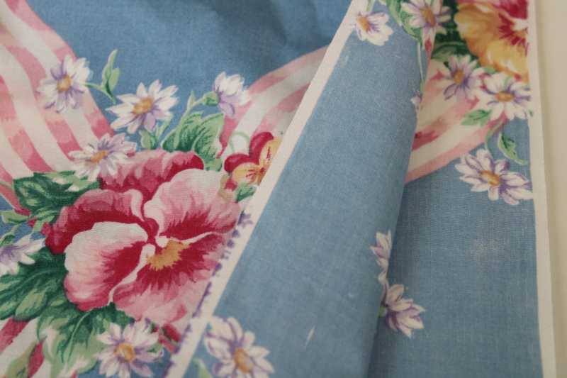 photo of vintage polished cotton fabric Concord Joan Kessler floral print pansies & ribbons Victorian style #3