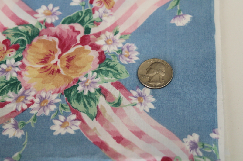 photo of vintage polished cotton fabric Concord Joan Kessler floral print pansies & ribbons Victorian style #4