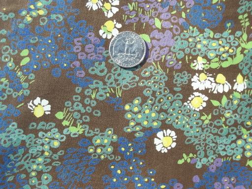 photo of vintage polished cotton fabric, alpine flowers print on coffee brown #1