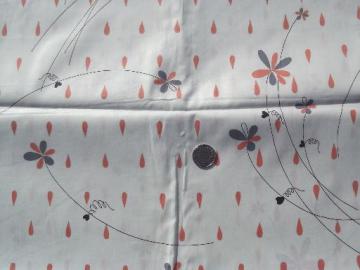 catalog photo of vintage polished cotton fabric, raindrops, spring flowers, twirly hearts print