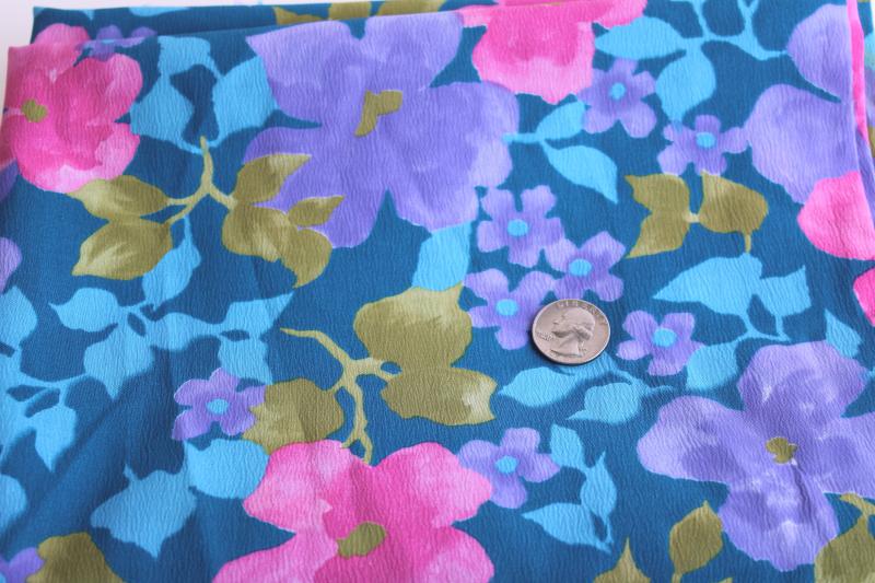 photo of vintage poly crepe fabric w/ retro floral print, teal blue w/ aqua, pink, lavender #1