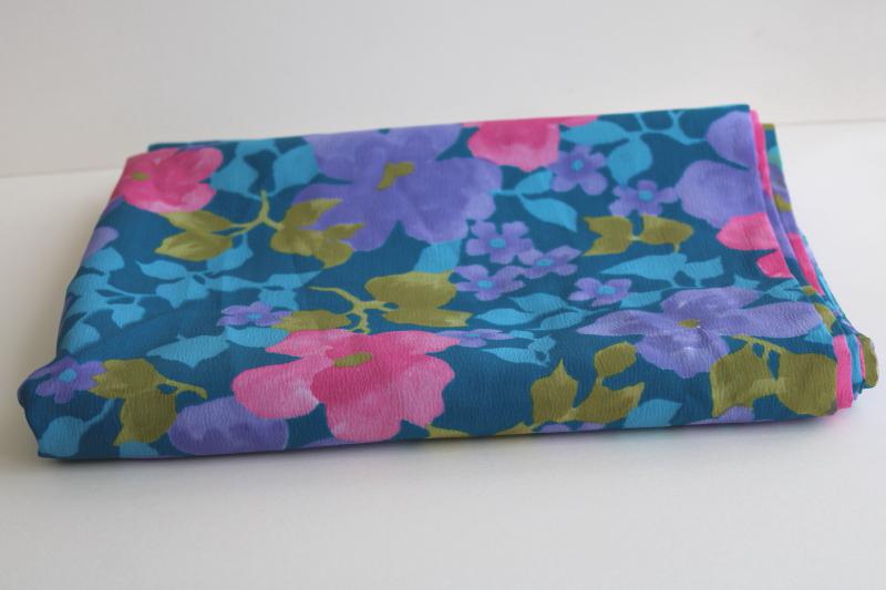 photo of vintage poly crepe fabric w/ retro floral print, teal blue w/ aqua, pink, lavender #2