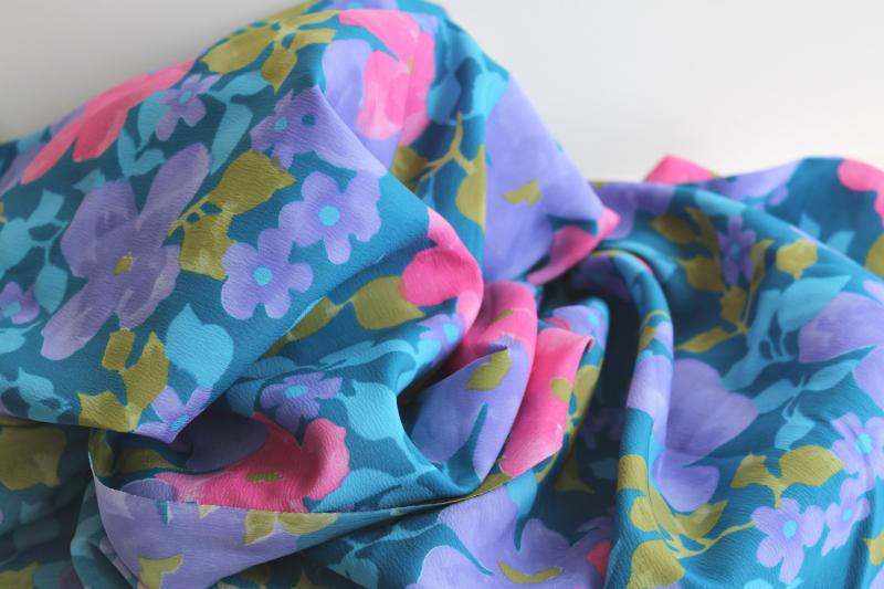 photo of vintage poly crepe fabric w/ retro floral print, teal blue w/ aqua, pink, lavender #3