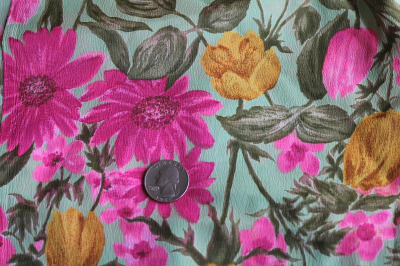 photo of vintage poly crepe fabric, tulips & daisies floral print in pink, mustard, pale teal #1