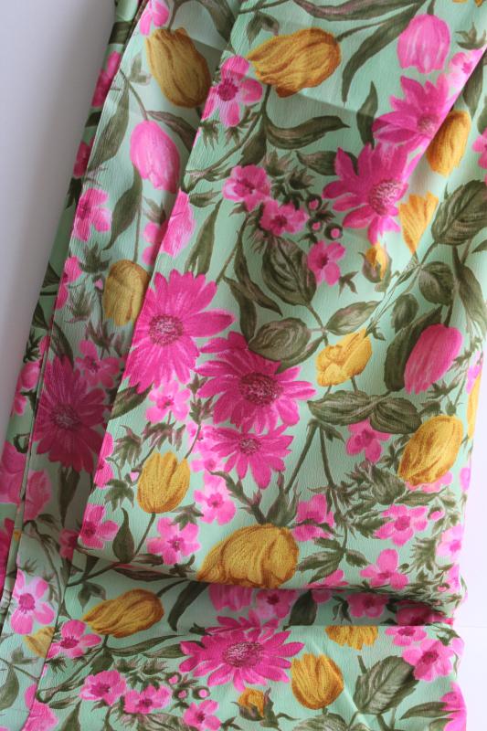 photo of vintage poly crepe fabric, tulips & daisies floral print in pink, mustard, pale teal #2