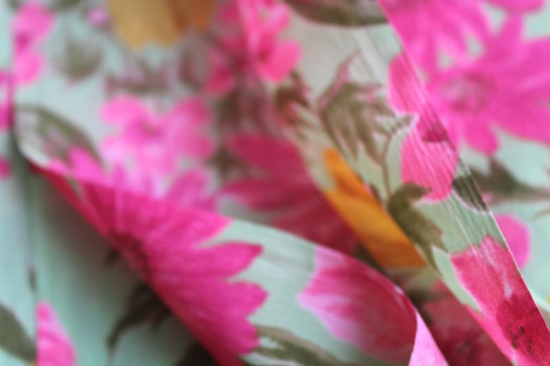 photo of vintage poly crepe fabric, tulips & daisies floral print in pink, mustard, pale teal #3